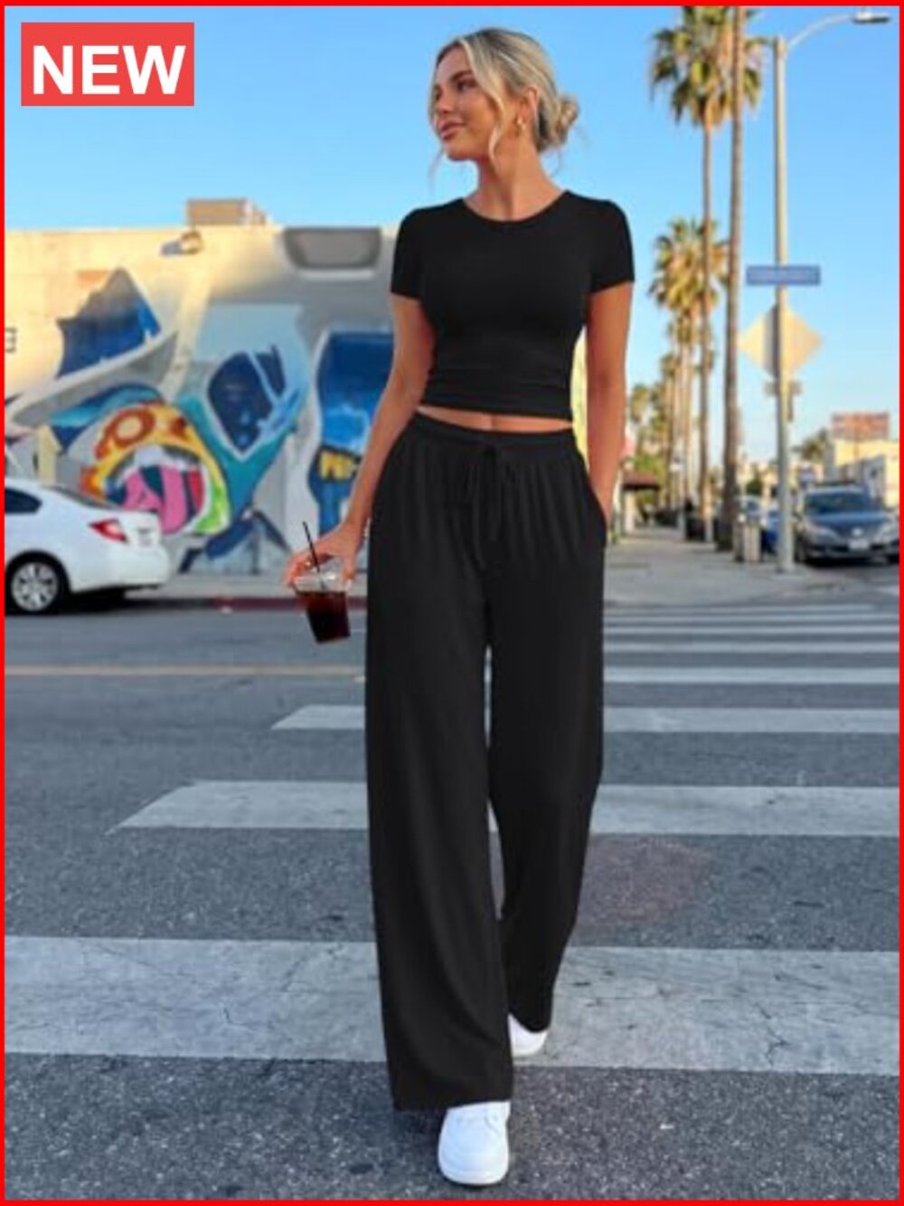 2 Piece Lounge Set with Side Ruching Top and Wide Leg Pants with Pockets - Picture 6 of 7